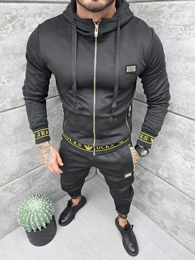 Compleu sport pentru barbati cu design modern si inscris Rocks Jeans-negru cod 11889