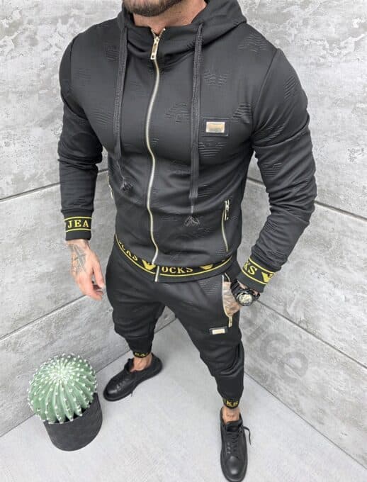 Compleu sport pentru barbati cu design modern si inscris Rocks Jeans-negru cod 11889