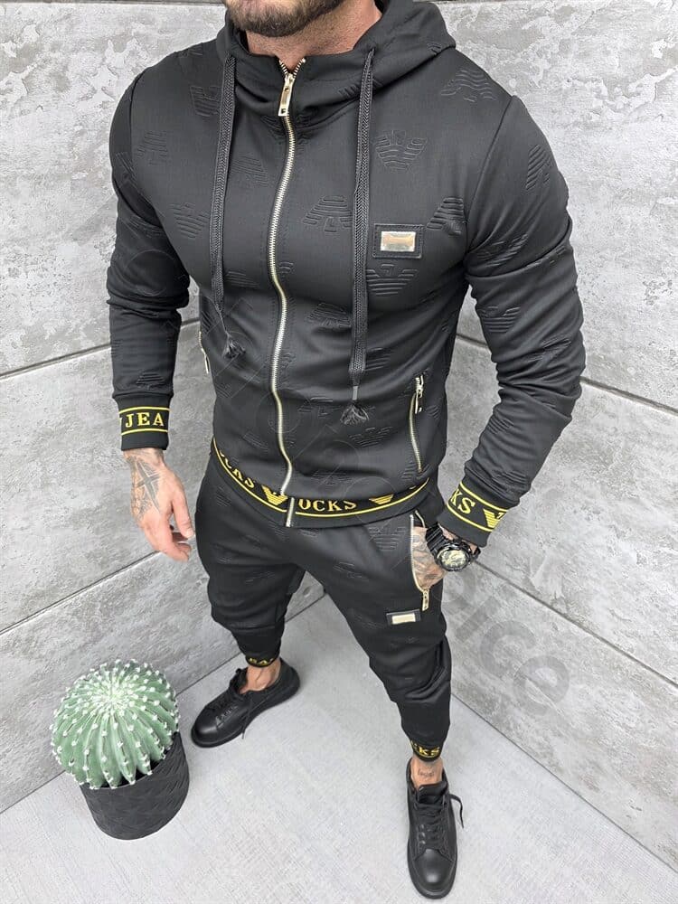 Compleu sport pentru barbati cu design modern si inscris Rocks Jeans-negru cod 11889