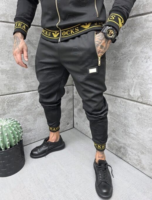 Compleu sport pentru barbati cu design modern si inscris Rocks Jeans-negru cod 11889