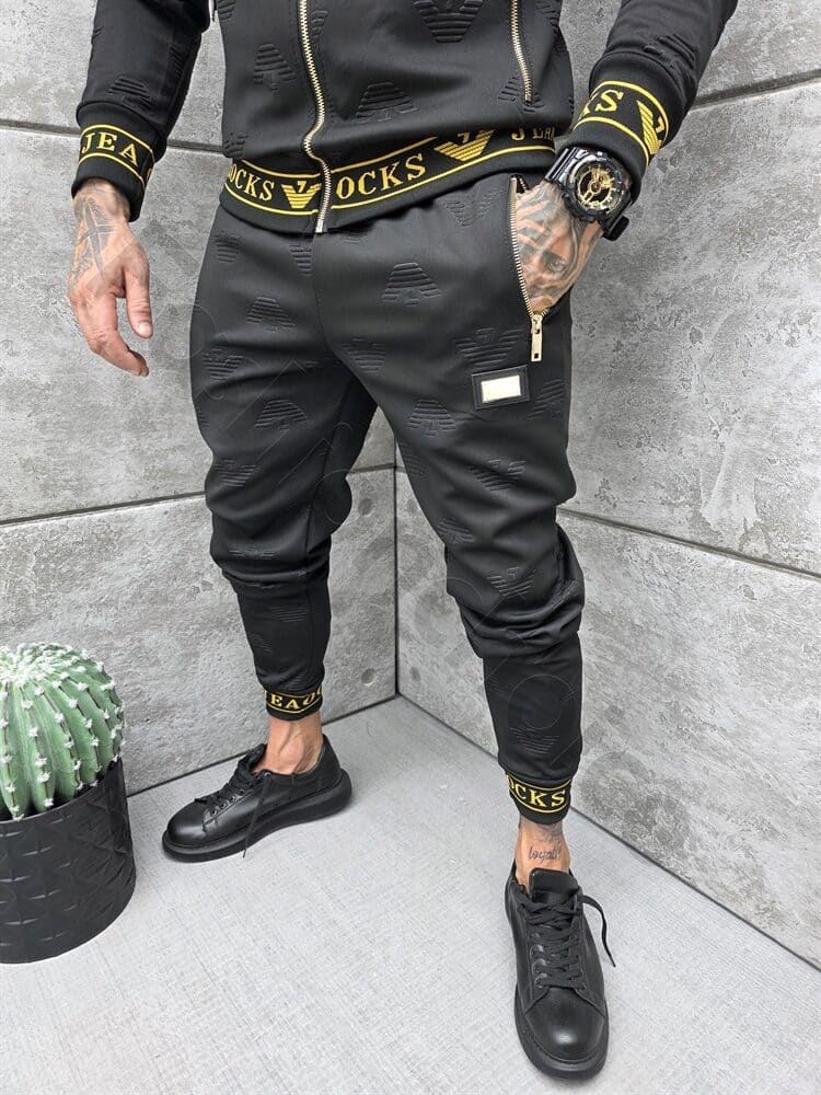Compleu sport pentru barbati cu design modern si inscris Rocks Jeans-negru cod 11889