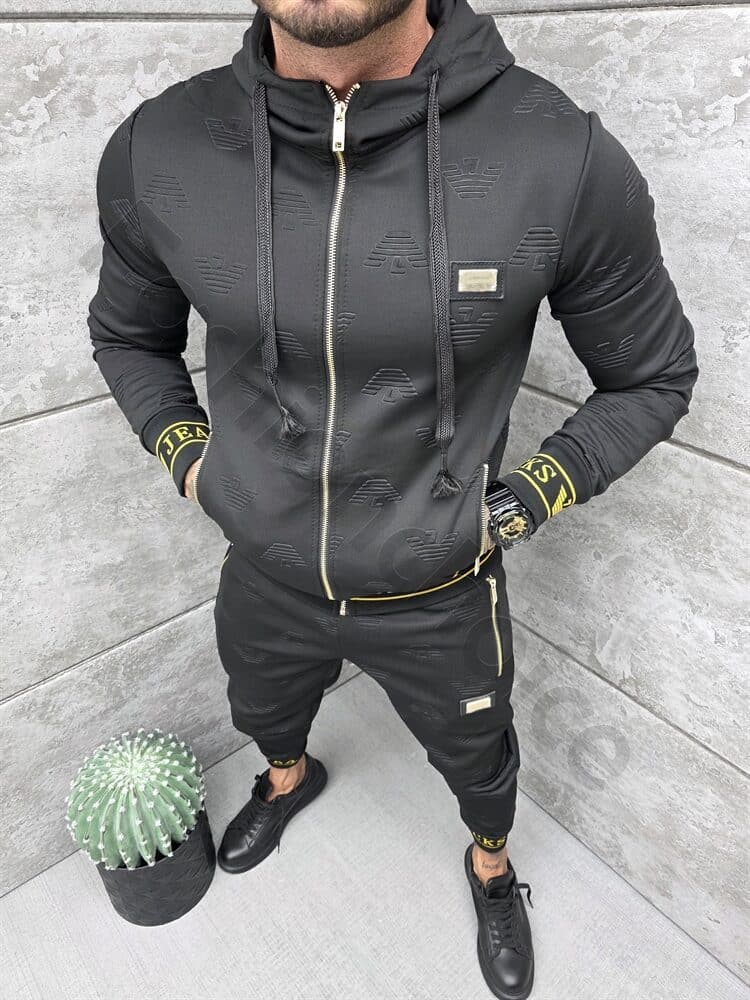 Compleu sport pentru barbati cu design modern si inscris Rocks Jeans-negru cod 11889