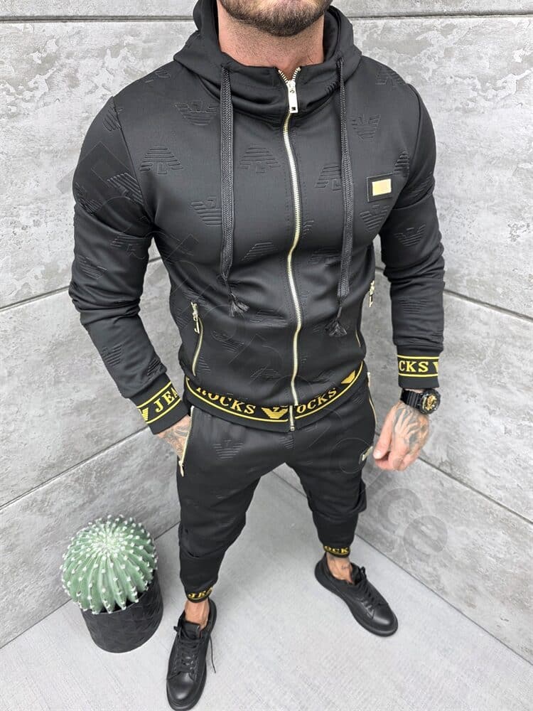 Compleu sport pentru barbati cu design modern si inscris Rocks Jeans-negru cod 11889