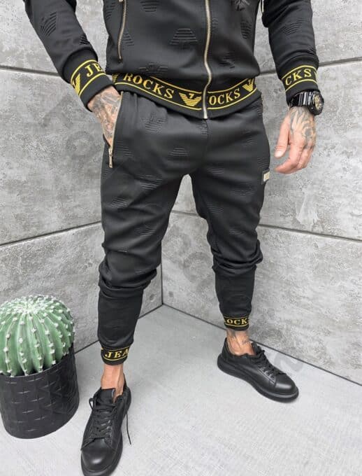 Compleu sport pentru barbati cu design modern si inscris Rocks Jeans-negru cod 11889