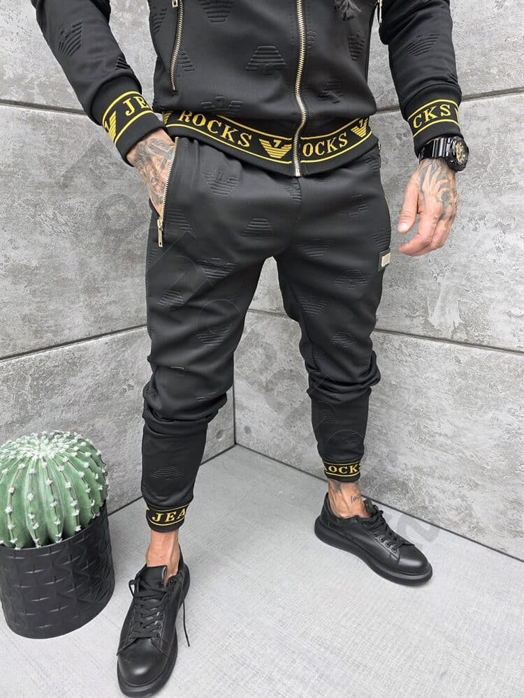 Compleu sport pentru barbati cu design modern si inscris Rocks Jeans-negru cod 11889
