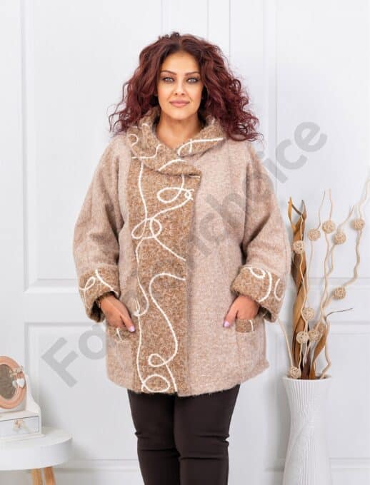 Palton maxi elegant din bucle cu broderie-bej cod 251114-3