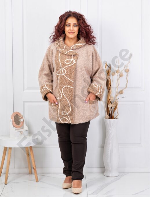 Palton maxi elegant din bucle cu broderie-bej cod 251114-3
