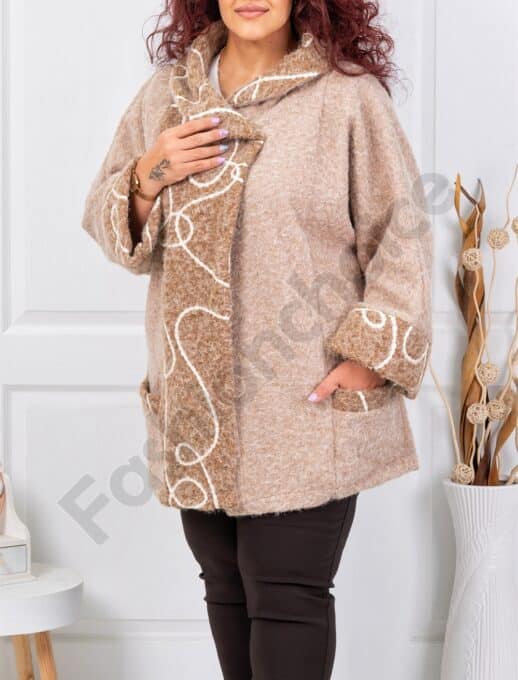 Palton maxi elegant din bucle cu broderie-bej cod 251114-3