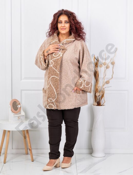 Palton maxi elegant din bucle cu broderie-bej cod 251114-3