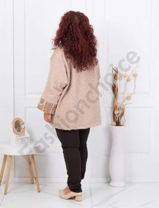 Palton maxi elegant din bucle cu broderie-bej cod 251114-3