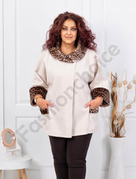 Palton maxi elegant din casmir cu accent leopard-sampanie cod 251113-1