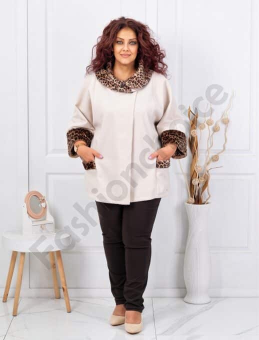 Palton maxi elegant din casmir cu accent leopard-sampanie cod 251113-1