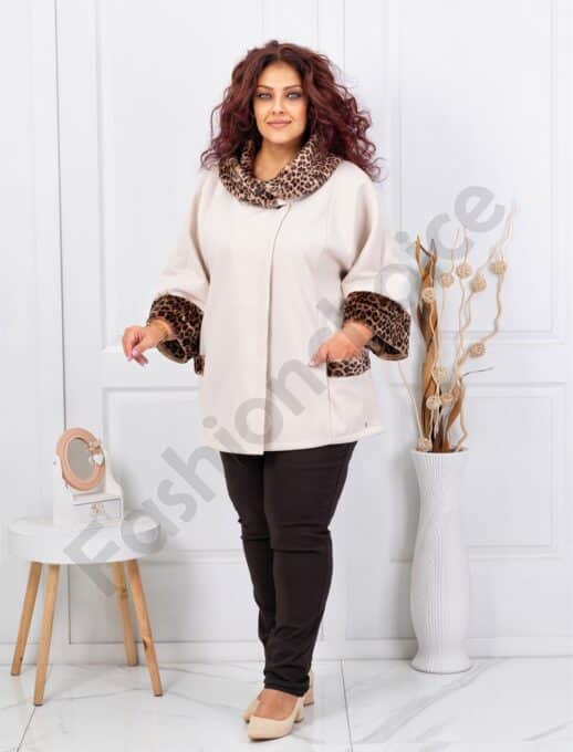 Palton maxi elegant din casmir cu accent leopard-sampanie cod 251113-1
