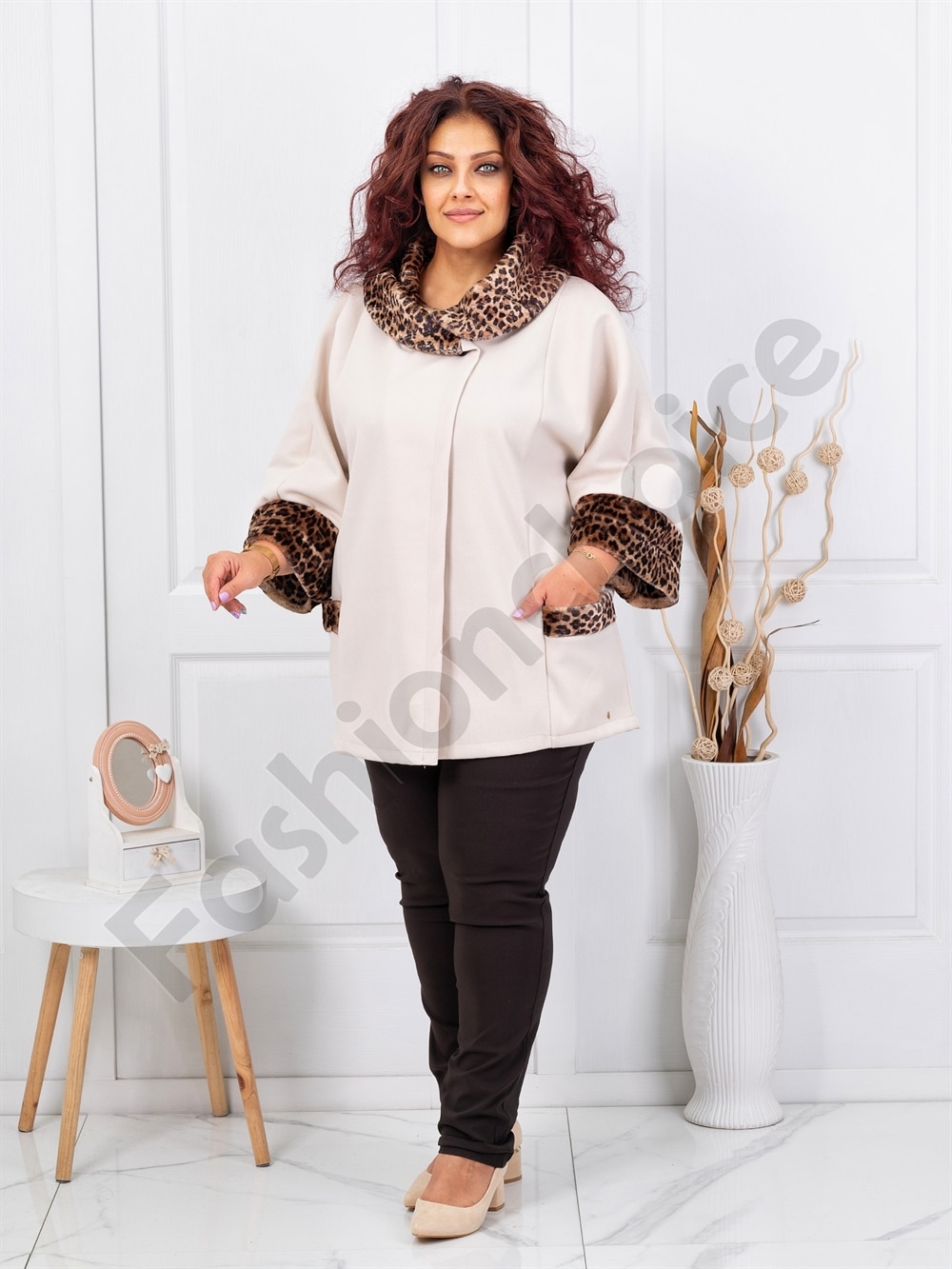Palton maxi elegant din casmir cu accent leopard-sampanie cod 251113-1