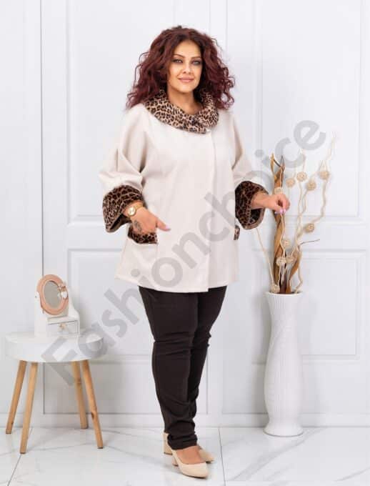Palton maxi elegant din casmir cu accent leopard-sampanie cod 251113-1