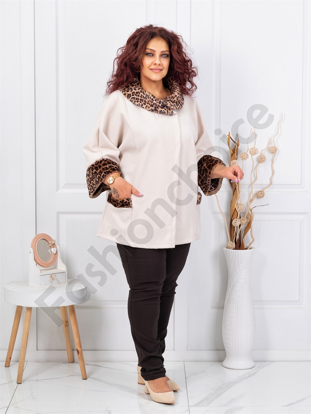 Palton maxi elegant din casmir cu accent leopard-sampanie cod 251113-1