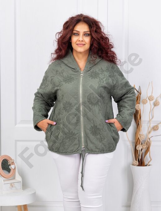 Jacheta maxi de dama cu broderie si gluga-kaki cod 5062-1