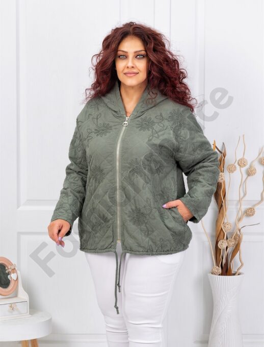 Jacheta maxi de dama cu broderie si gluga-kaki cod 5062-1