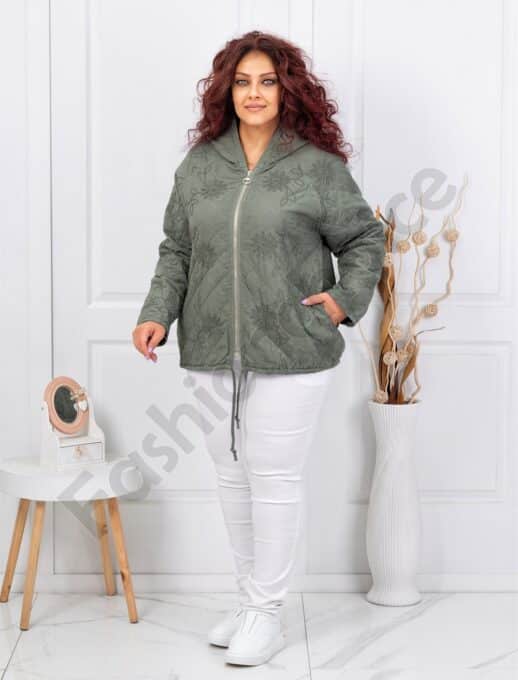 Jacheta maxi de dama cu broderie si gluga-kaki cod 5062-1