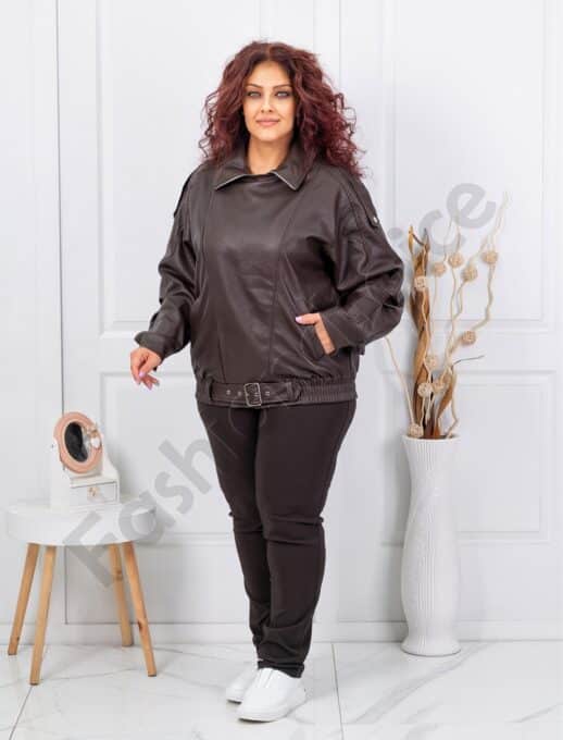 Geaca maxi de dama din piele cu curea-maro cod B613-1
