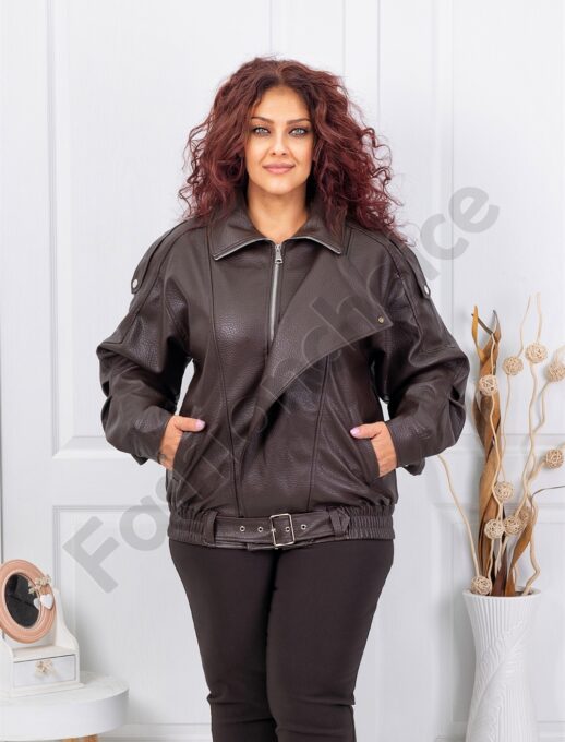 Geaca maxi de dama din piele cu curea-maro cod B613-1