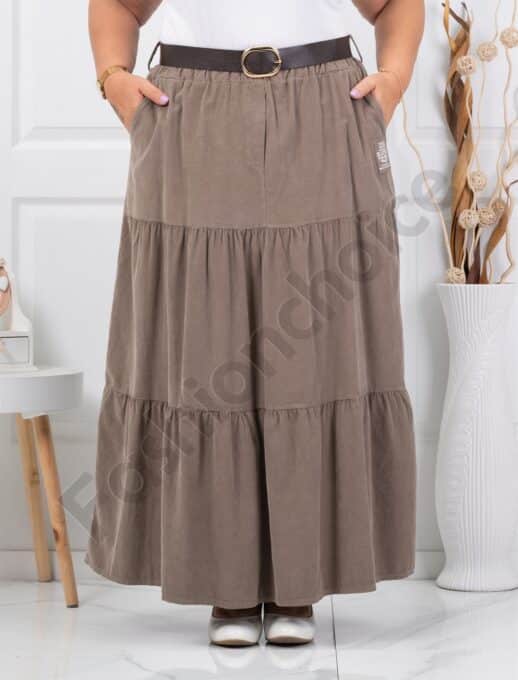 Fusta maxi sport-elegant din catifea reiata cu volane-moca cod 3160-4