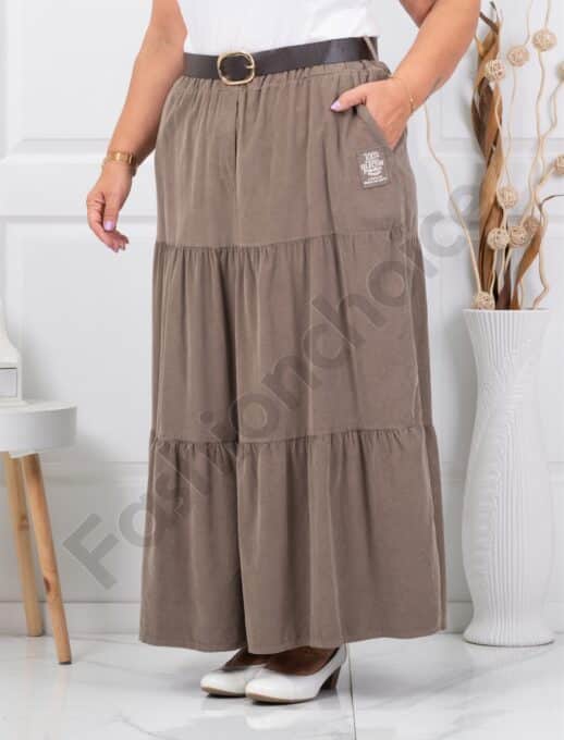 Fusta maxi sport-elegant din catifea reiata cu volane-moca cod 3160-4