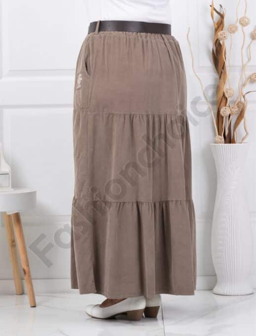 Fusta maxi sport-elegant din catifea reiata cu volane-moca cod 3160-4