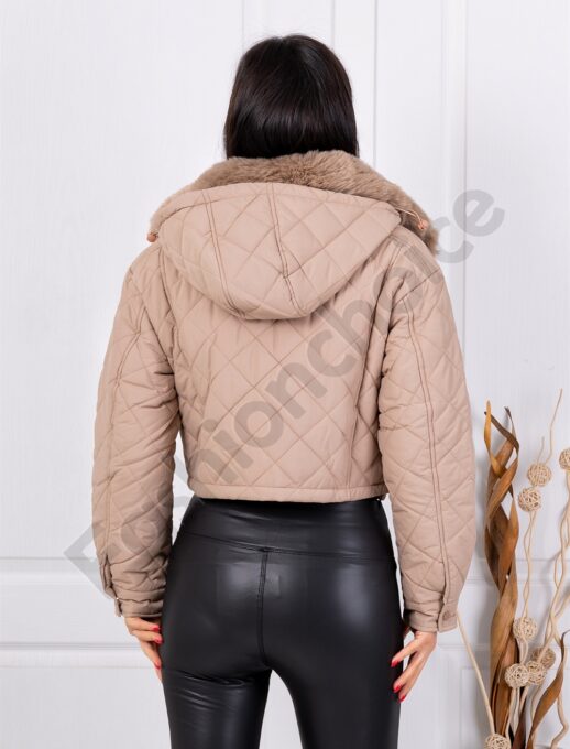 Geaca scurta de dama cu gluga si blana eco-bej cod 2505-2