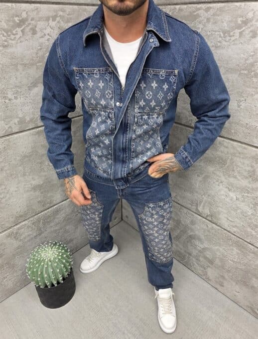 Compleu pentru barbati din denim cu aplicatie moderna-albastru inchis cod 2446-1