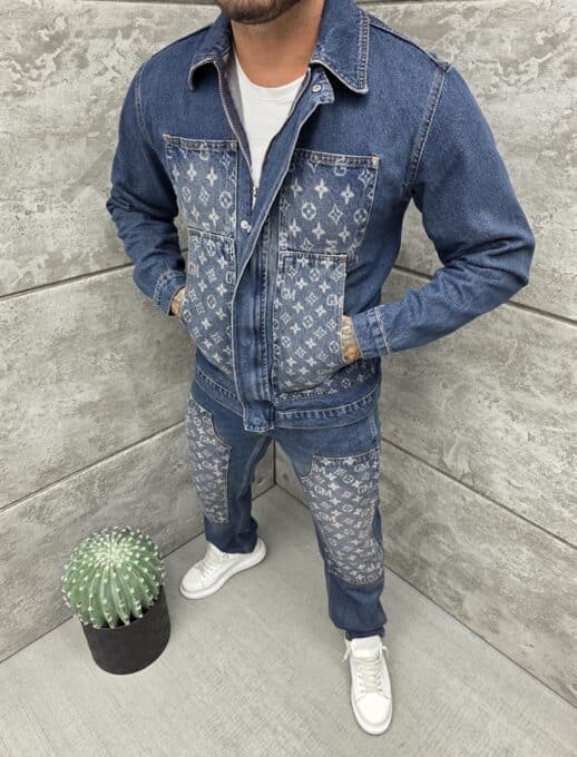 Compleu pentru barbati din denim cu aplicatie moderna-albastru inchis cod 2446-1
