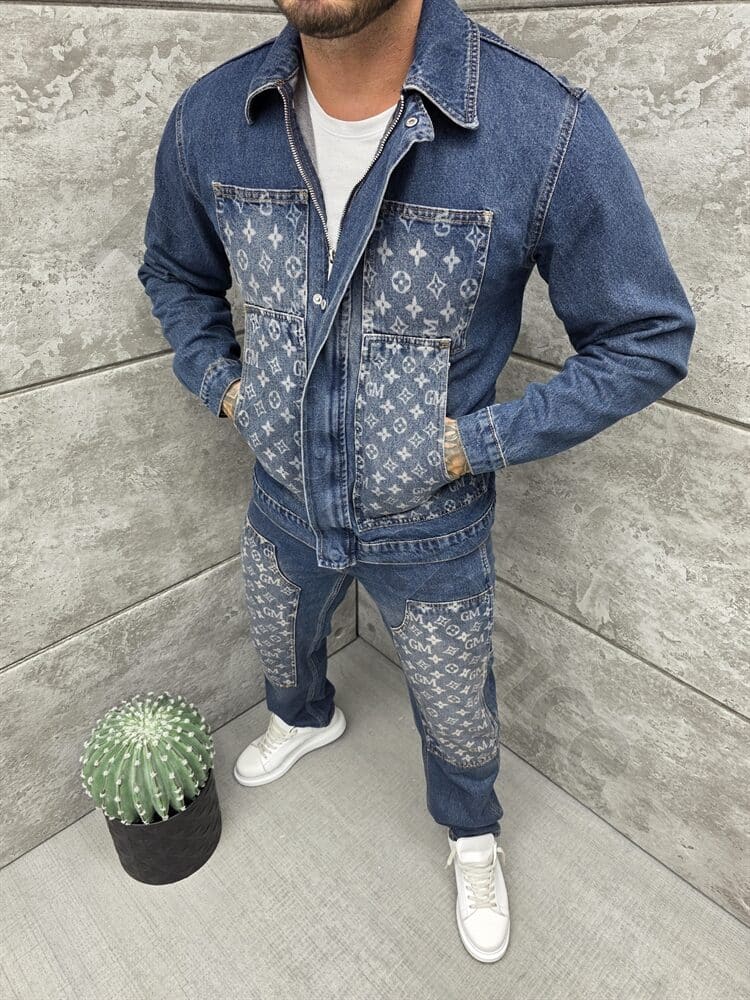 Compleu pentru barbati din denim cu aplicatie moderna-albastru inchis cod 2446-1