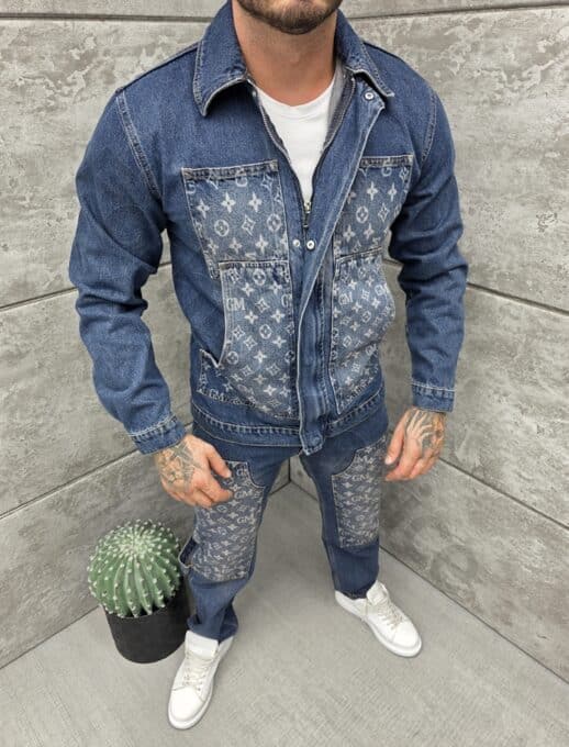 Compleu pentru barbati din denim cu aplicatie moderna-albastru inchis cod 2446-1