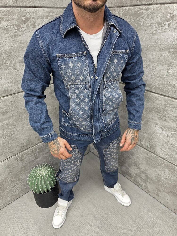 Compleu pentru barbati din denim cu aplicatie moderna-albastru inchis cod 2446-1
