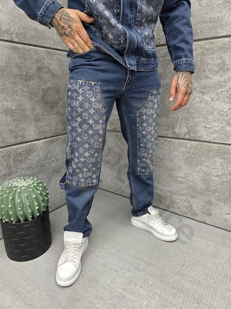 Compleu pentru barbati din denim cu aplicatie moderna-albastru inchis cod 2446-1