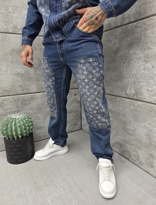 Compleu pentru barbati din denim cu aplicatie moderna-albastru inchis cod 2446-1