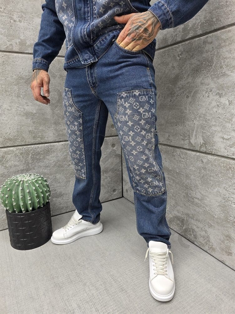 Compleu pentru barbati din denim cu aplicatie moderna-albastru inchis cod 2446-1