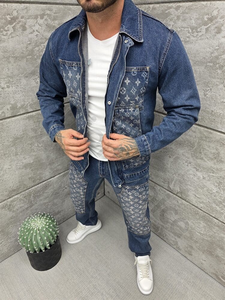 Compleu pentru barbati din denim cu aplicatie moderna-albastru inchis cod 2446-1