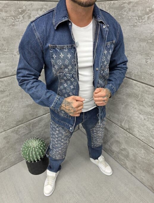 Compleu pentru barbati din denim cu aplicatie moderna-albastru inchis cod 2446-1