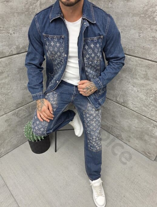 Compleu pentru barbati din denim cu aplicatie moderna-albastru inchis cod 2446-1