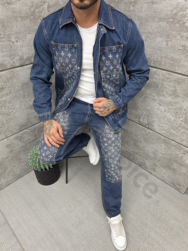 Compleu pentru barbati din denim cu aplicatie moderna-albastru inchis cod 2446-1
