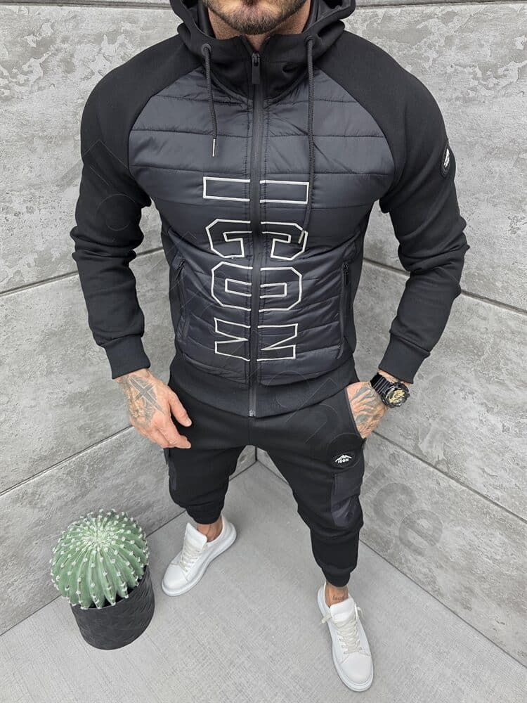 Compleu sport in combinatie cu fas si inscriptie brodata-negru cod 1142