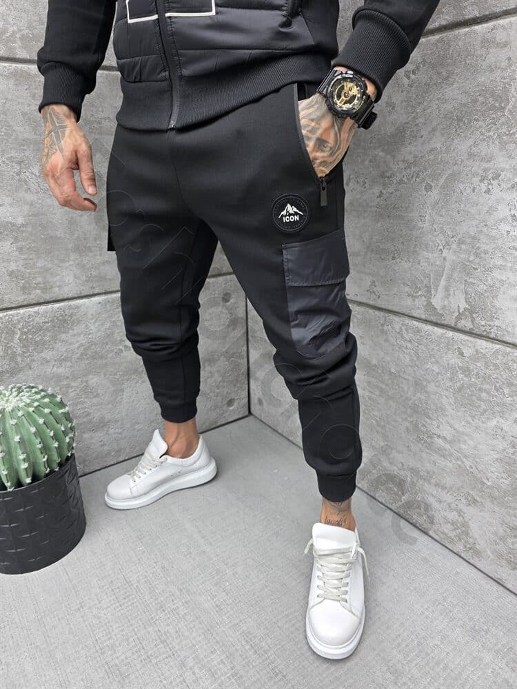 Compleu sport in combinatie cu fas si inscriptie brodata-negru cod 1142