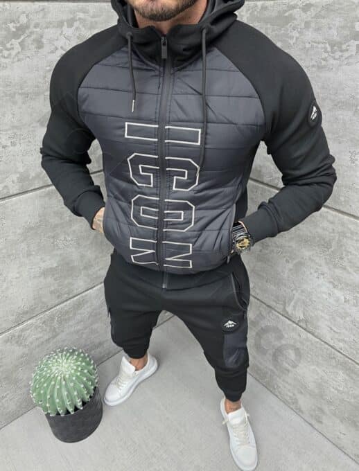 Compleu sport in combinatie cu fas si inscriptie brodata-negru cod 1142