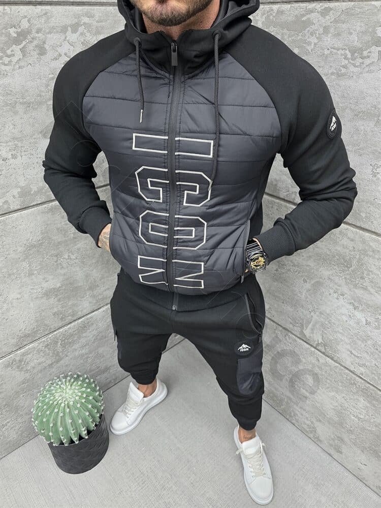 Compleu sport in combinatie cu fas si inscriptie brodata-negru cod 1142