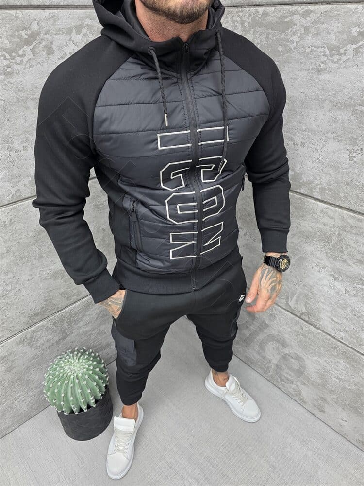Compleu sport in combinatie cu fas si inscriptie brodata-negru cod 1142