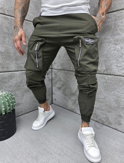 Pantalon pentru barbati din fas cu buzunare cargo in fata New York-kaki cod 5565-2