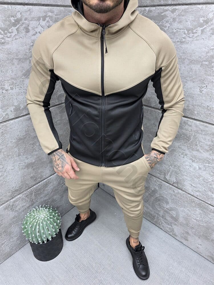 Compleu sport pentru barbati in doua culori cu gluga-bej cod 739-1