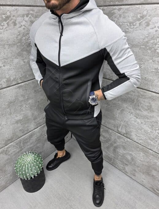 Compleu sport pentru barbati in doua culori cu gluga-negru cod 739