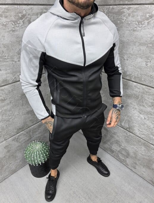Compleu sport pentru barbati in doua culori cu gluga-negru cod 739